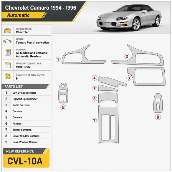 Chevrolet Camaro 1994-1996 cambio automatico kit rivestimento cruscotto e interni 3D 9 pezzi