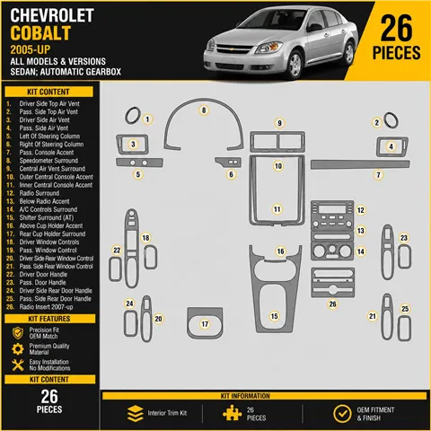 Chevrolet Cobalt 2005-in poi Sedan; cambio automatico kit rivestimento cruscotto e interni 3D