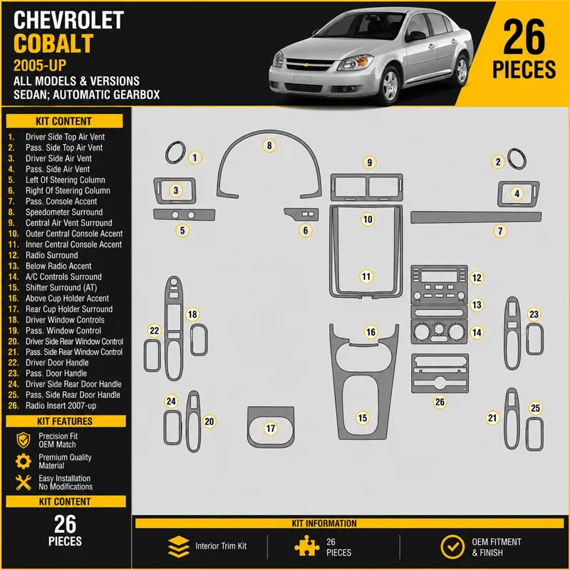 Chevrolet Cobalt 2005-in poi Sedan; cambio automatico kit rivestimento cruscotto e interni 3D
