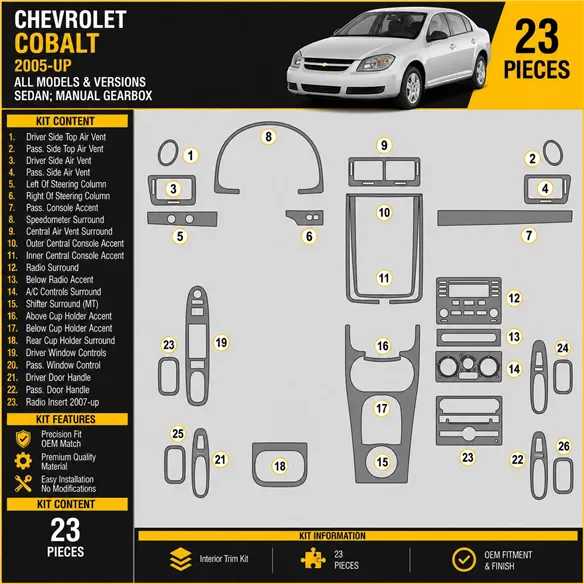 Chevrolet Cobalt 2005-in poi Sedan; cambio manuale kit rivestimento cruscotto e interni 3D