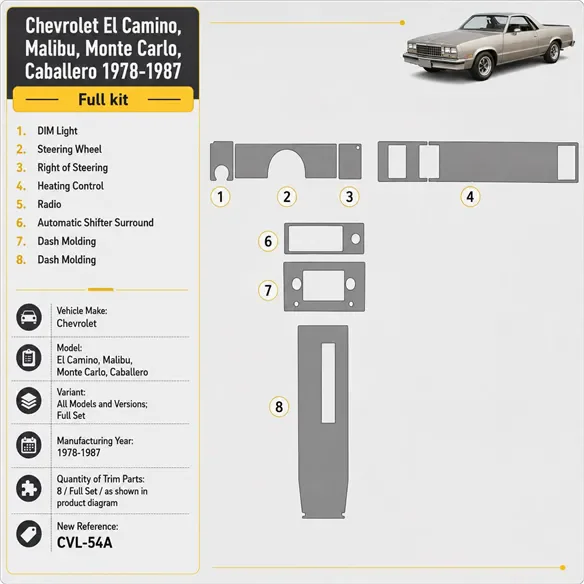 Chevrolet El Camino, Malibu, Monte Carlo, Caballero 1978-1987 set completo kit rivestimento cruscotto e interni 3D
