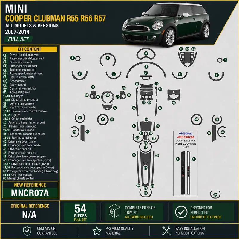 Mini Cooper Clubman R55 R56 R57 2007-2014 kit rivestimento cruscotto e interni 3D 57 pezzi