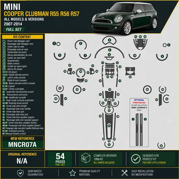 Mini Cooper Clubman R55 R56 R57 2007-2014 kit rivestimento cruscotto e interni 3D 57 pezzi