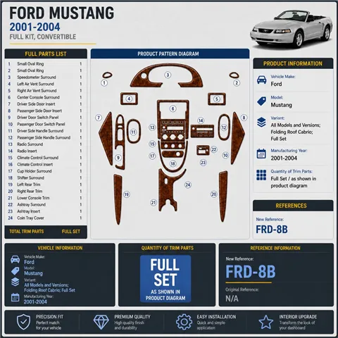 Ford Mustang 2001-2004 Folding Roof Cabrio; set completo kit rivestimento cruscotto e interni 3D 2