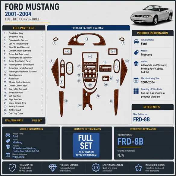 Ford Mustang 2001-2004 Folding Roof Cabrio; set completo kit rivestimento cruscotto e interni 3D