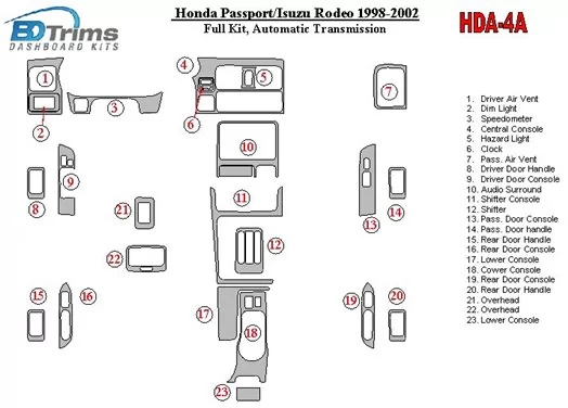 Honda Pasport 1998-2002 Full Set Cruscotto BD Rivestimenti interni