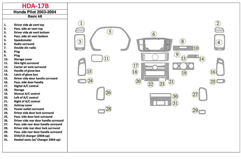 Honda Pilot 2003-2004 OEM Compliance, 29 Parts set Cruscotto BD Rivestimenti interni