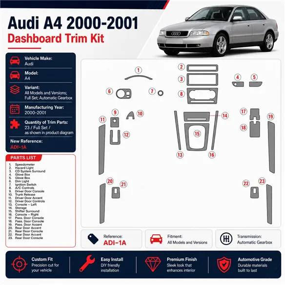 Audi A4 2000-2001 set completo; cambio automatico kit rivestimento cruscotto e interni 3D