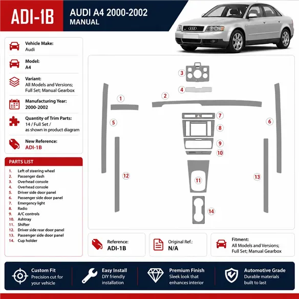 Audi A4 2000-2001 set completo; cambio manuale kit rivestimento cruscotto e interni 3D