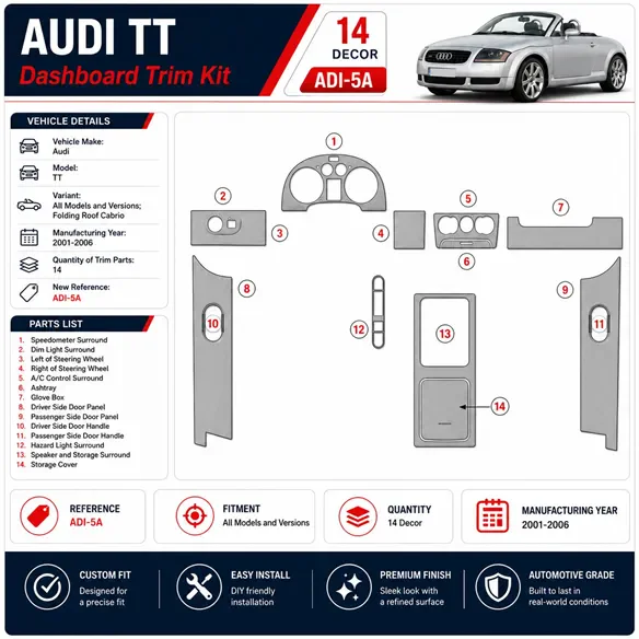 Audi TT 2001-2006 Folding Roof Cabrio kit rivestimento cruscotto e interni 3D 14 pezzi