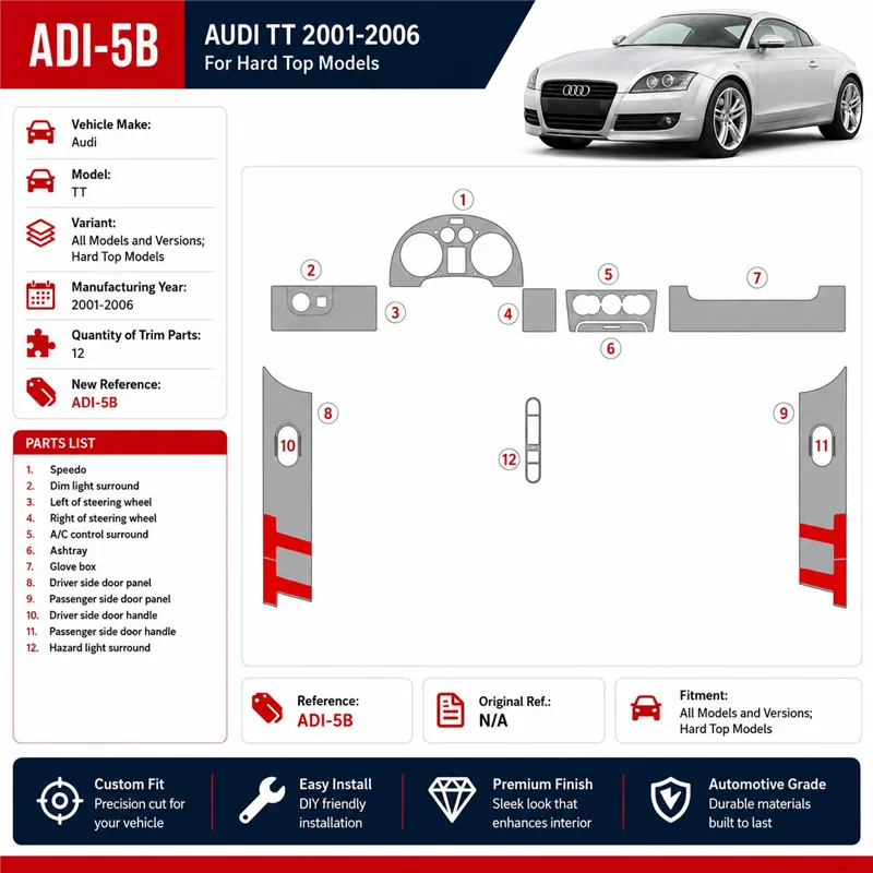 Audi TT 2001-2006 Soft Roof Coupe kit rivestimento cruscotto e interni 3D 12 pezzi
