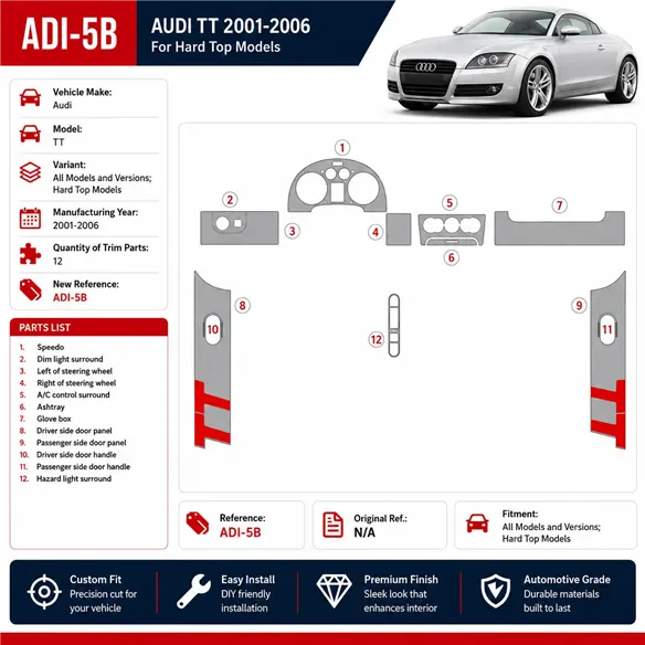 Audi TT 2001-2006 Soft Roof Coupe kit rivestimento cruscotto e interni 3D 12 pezzi