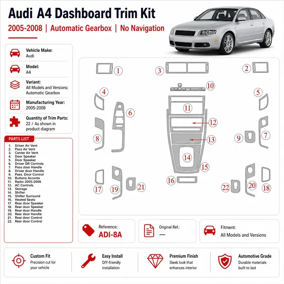 Audi A4 2005-2008 cambio automatico kit rivestimento cruscotto e interni 3D