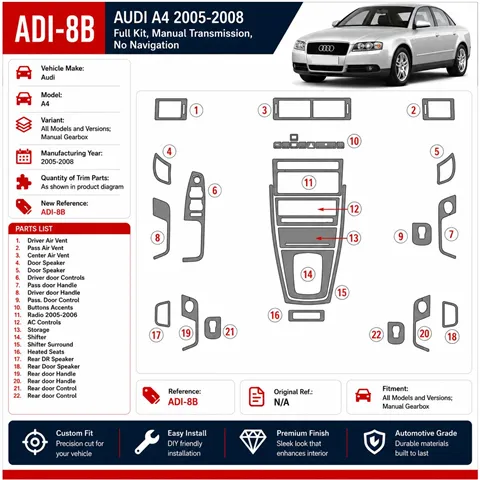 Audi A4 2005-2008 cambio manuale kit rivestimento cruscotto e interni 3D