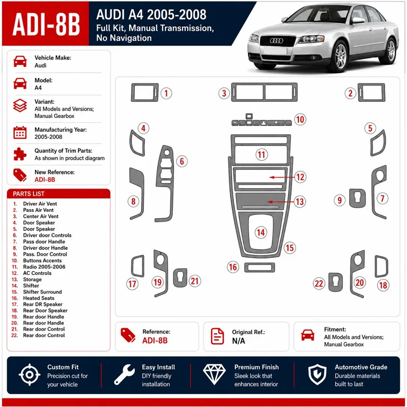 Audi A4 2005-2008 cambio manuale kit rivestimento cruscotto e interni 3D