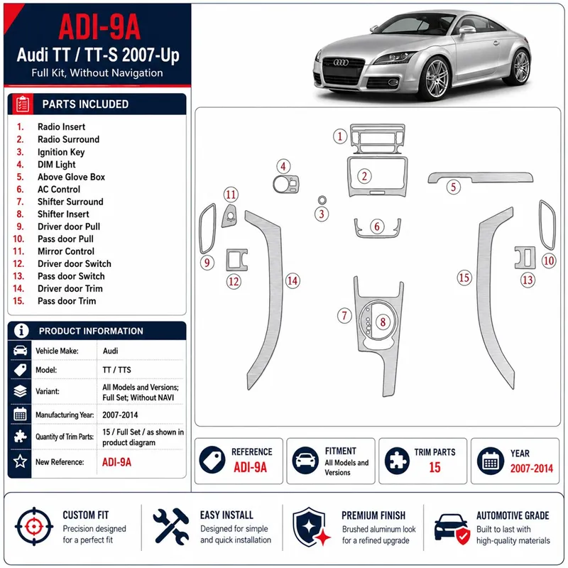 Audi TT 2007-2014 set completo; senza navigatore kit rivestimento cruscotto e interni 3D