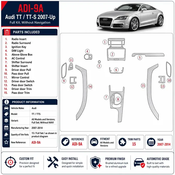Audi TT 2007-2014 set completo; senza navigatore kit rivestimento cruscotto e interni 3D