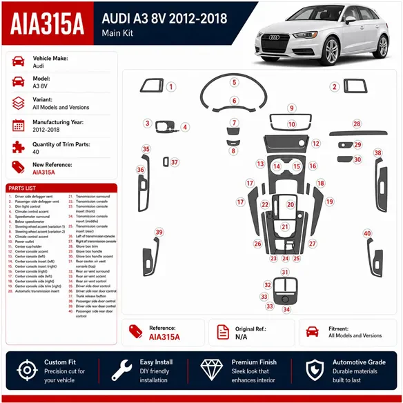 Audi A3 8V 2012-2018 dal 2012-2018 kit rivestimento cruscotto e interni 3D 40 pezzi