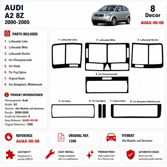 Audi A2 2000-2005 kit rivestimento cruscotto e interni 3D 8 pezzi