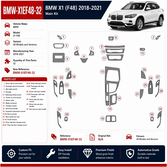 BMW X1 F48 2018-2021 kit rivestimento cruscotto e interni 3D 32 pezzi
