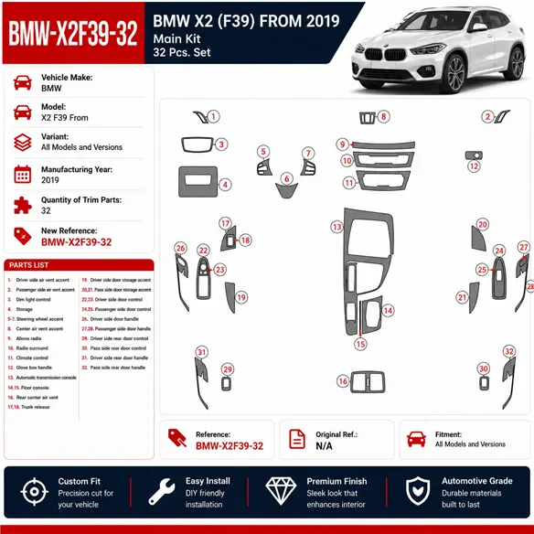 BMW X2 F39 From 2019 kit rivestimento cruscotto e interni 3D 32 pezzi