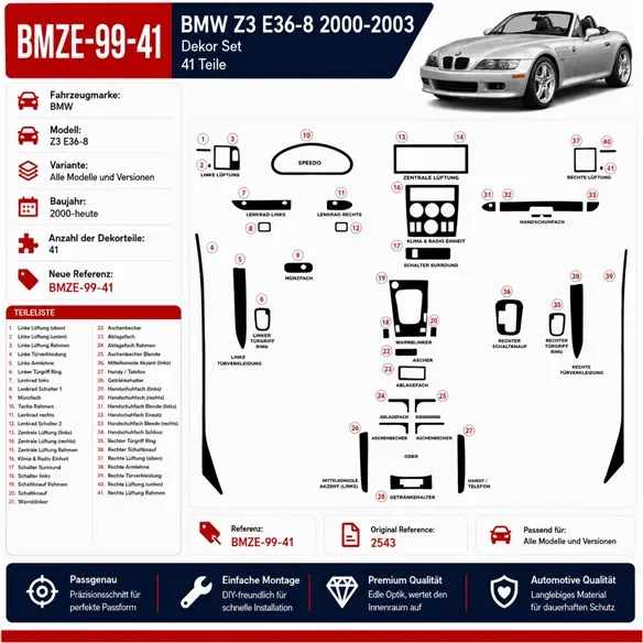 BMW Z3 E36-8 1999-in poi kit rivestimento cruscotto e interni 3D 41 pezzi