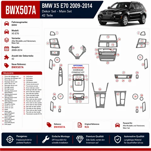 BMW X5 E70 2009-2014 Main Set kit rivestimento cruscotto e interni 3D 42 pezzi