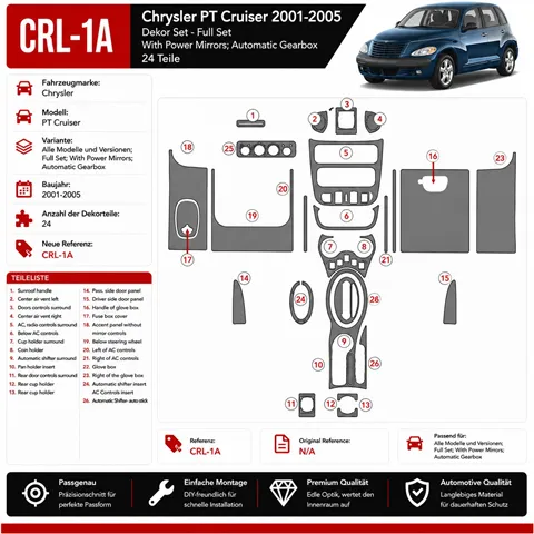 Chrysler PT Cruiser 2001-2005 set completo; con Power Mirrors; cambio automatico kit rivestimento cruscotto e interni 3D 24 pezz