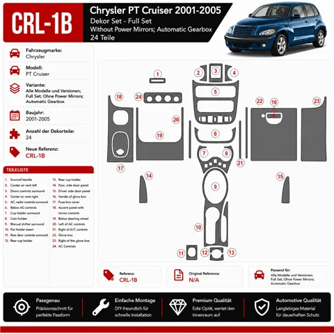 Chrysler PT Cruiser 2001-2005 set completo; No Power Mirrors; cambio automatico kit rivestimento cruscotto e interni 3D 24 pezzi 2