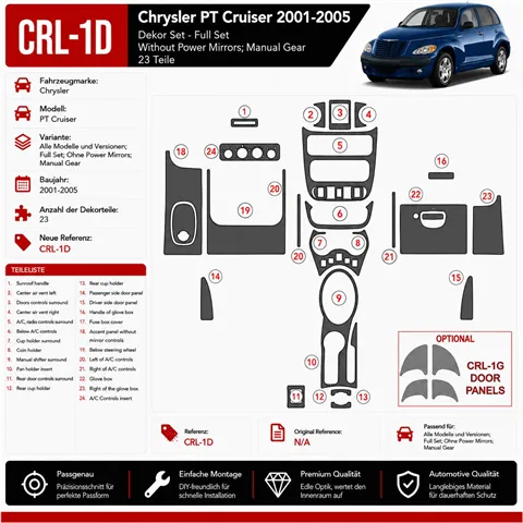 Chrysler PT Cruiser 2001-2005 set completo; No Power Mirrors; cambio manuale kit rivestimento cruscotto e interni 3D 23 pezzi