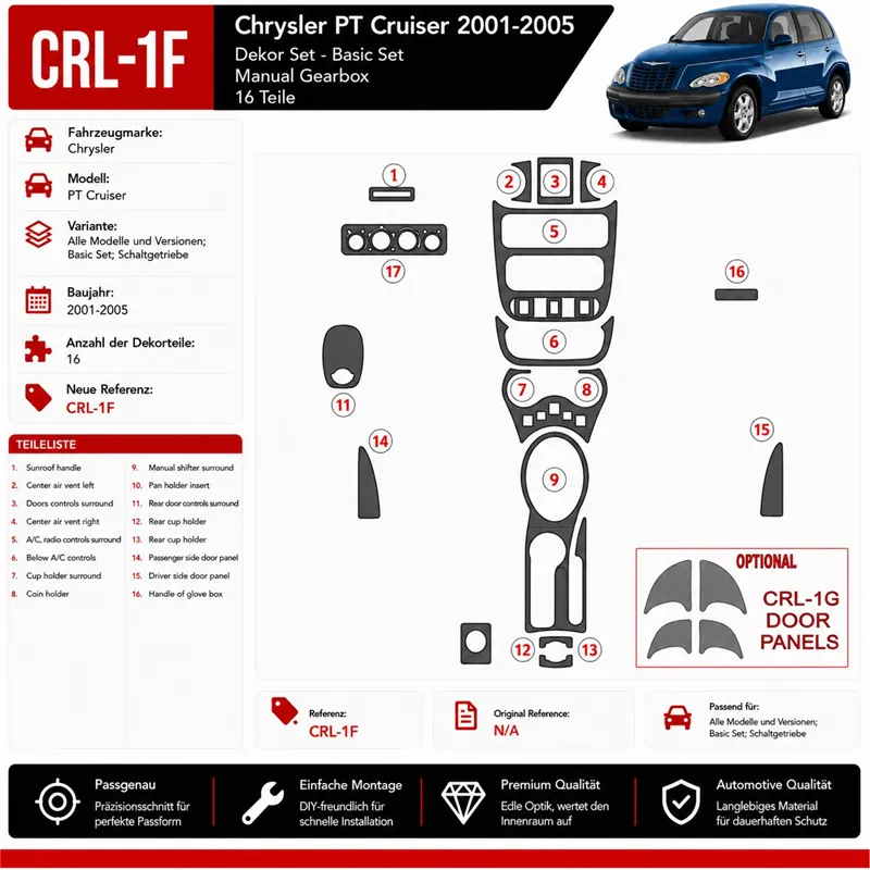 Chrysler PT Cruiser 2001-2005 Basic Set; cambio manuale kit rivestimento cruscotto e interni 3D 16 pezzi