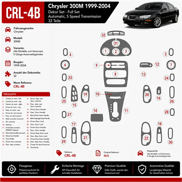 Chrysler 300M 1999-in poi Chrysler 300M, 5 Gears-cambio automatico kit rivestimento cruscotto e interni 3D