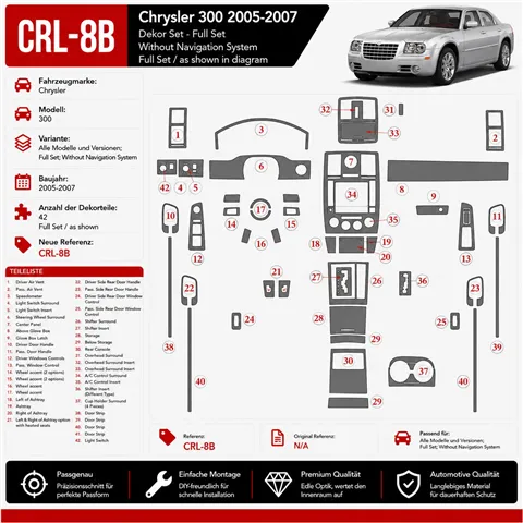 Chrysler 300 2005-2007 set completo; senza sistema di navigazione kit rivestimento cruscotto e interni 3D 2