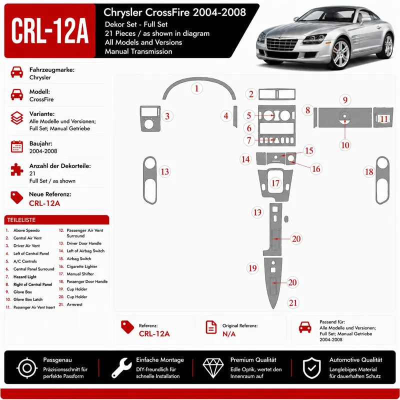 Chrysler CrossFire 2004-in poi set completo; cambio manuale kit rivestimento cruscotto e interni 3D