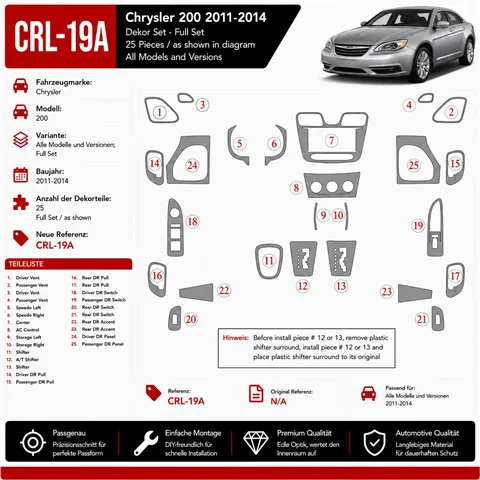 Chrysler 200 2011-in poi set completo kit rivestimento cruscotto e interni 3D 2