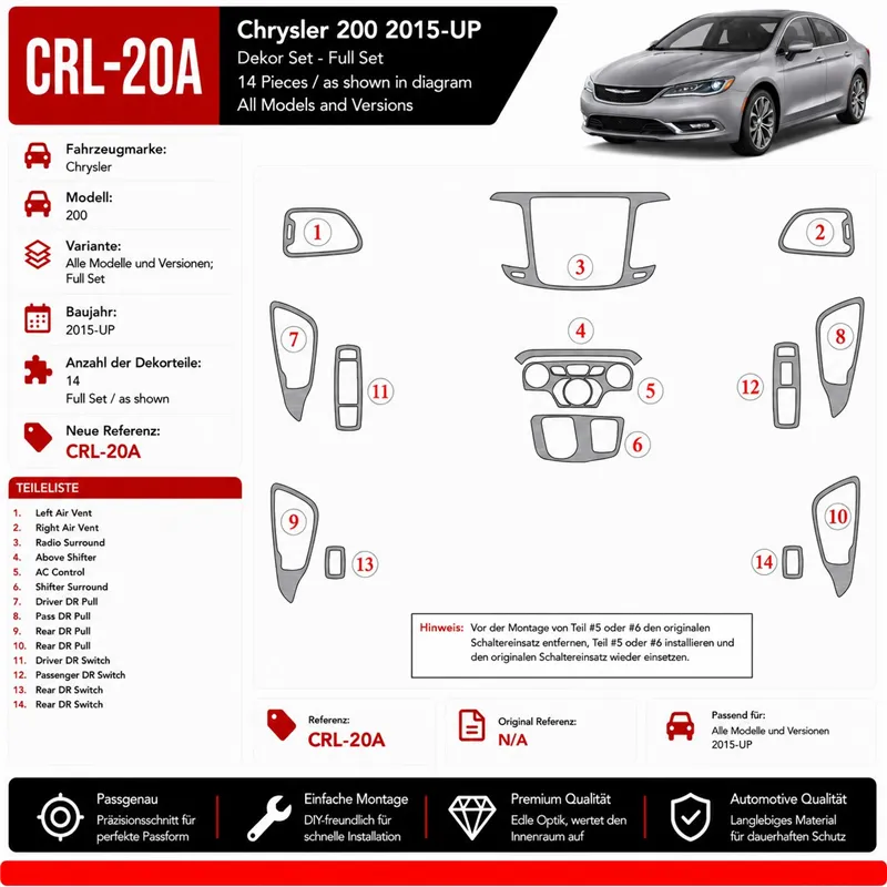 Chrysler 200 2015-in poi set completo kit rivestimento cruscotto e interni 3D