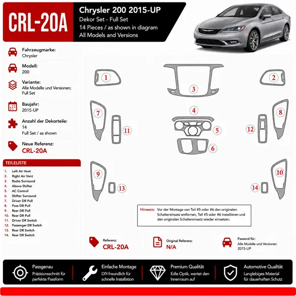 Chrysler 200 2015-in poi set completo kit rivestimento cruscotto e interni 3D