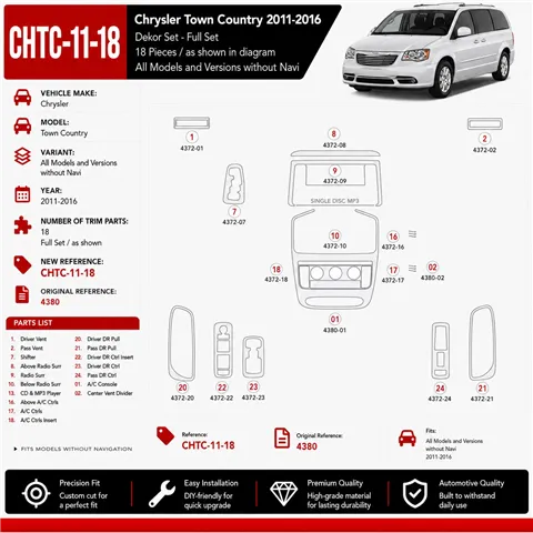 Chrysler Town Country 2011-2016 kit rivestimento cruscotto e interni 3D 18 pezzi