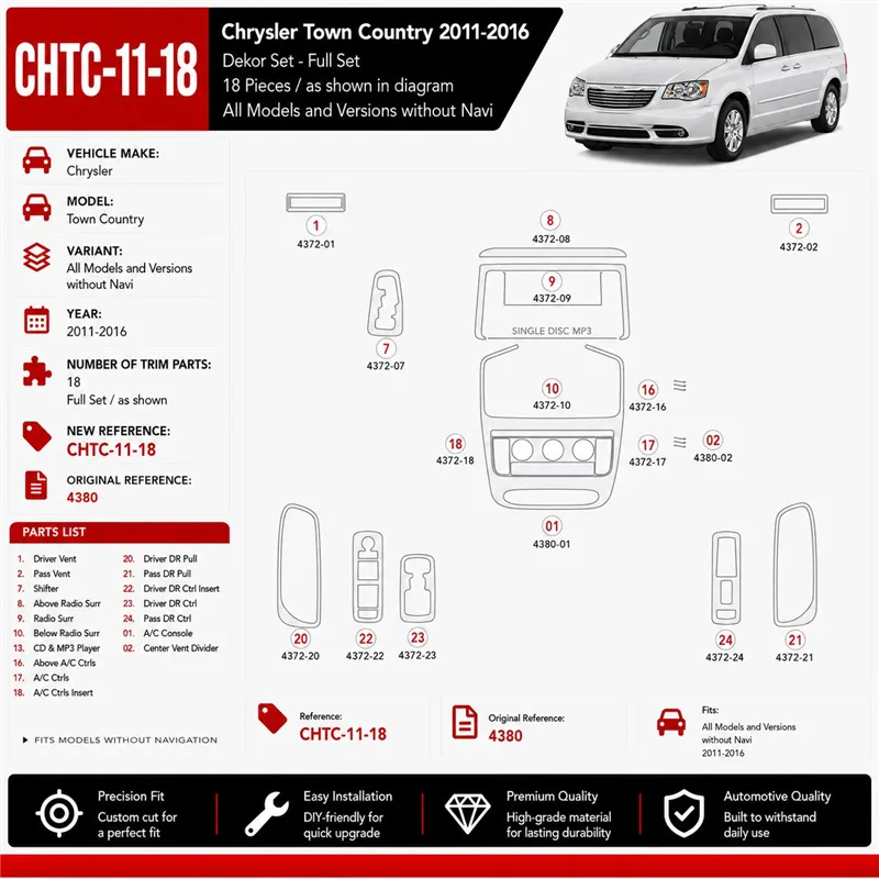 Chrysler Town Country 2011-2016 kit rivestimento cruscotto e interni 3D 18 pezzi