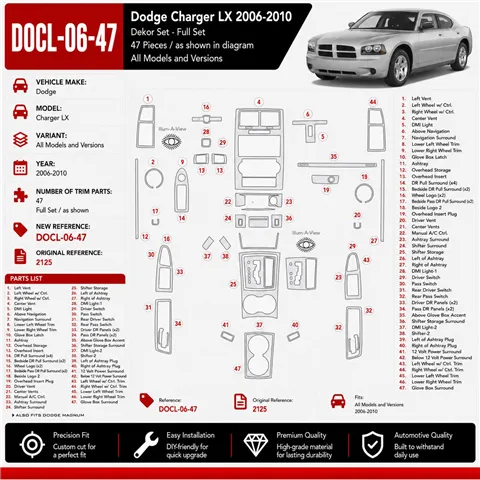 Dodge Charger LX 2006-2010 kit rivestimento cruscotto e interni 3D 47 pezzi