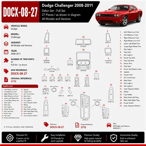 Dodge Challenger 2008-2011 kit rivestimento cruscotto e interni 3D 27 pezzi