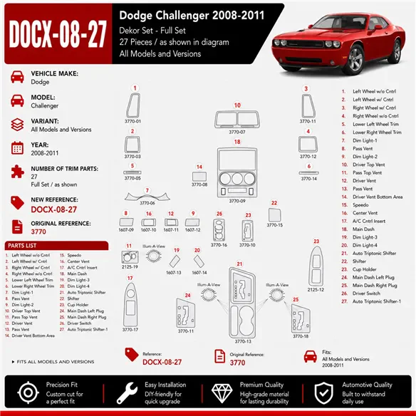 Dodge Challenger 2008-2011 kit rivestimento cruscotto e interni 3D 27 pezzi