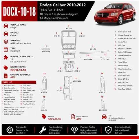 Dodge Caliber 2010-2012 kit rivestimento cruscotto e interni 3D 18 pezzi 2