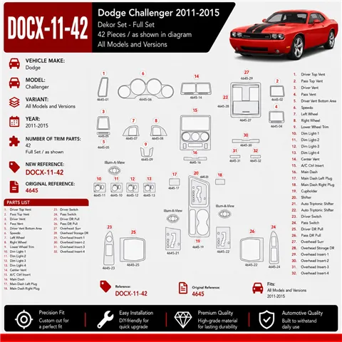 Dodge Challenger 2011-2015 kit rivestimento cruscotto e interni 3D 42 pezzi