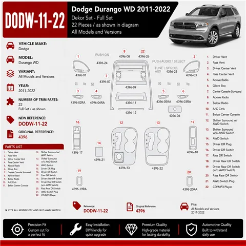 Dodge Durango WD 2011-2022 kit rivestimento cruscotto e interni 3D 22 pezzi