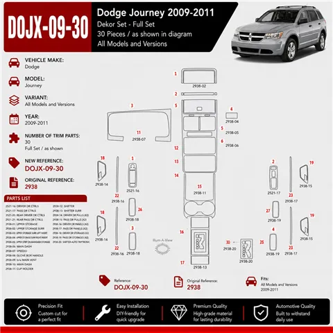 Dodge Journey 2009-2011 kit rivestimento cruscotto e interni 3D 30 pezzi