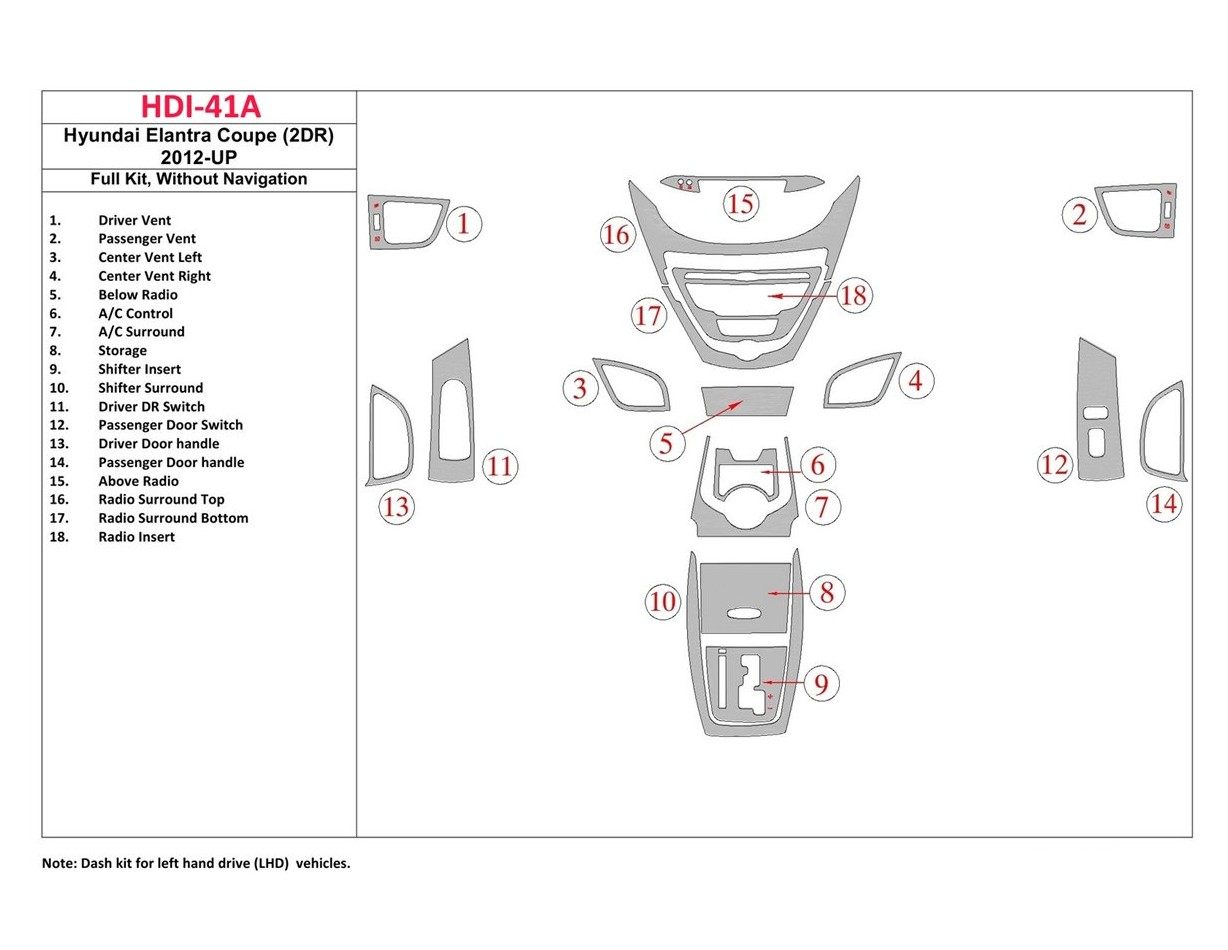 Hyundai Elantra Coupe 2011-UP Full Set, Without NAVI Cruscotto BD Rivestimenti interni
