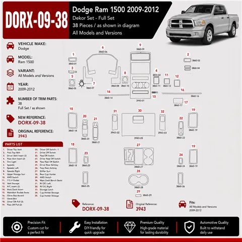 Dodge Ram 1500 2009-2012 kit rivestimento cruscotto e interni 3D 38 pezzi 2