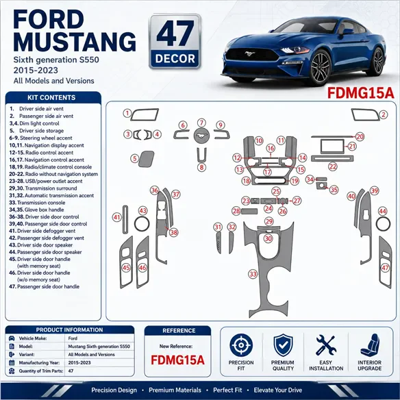 Ford Mustang 2015-2023 kit rivestimento cruscotto e interni 3D 47 pezzi