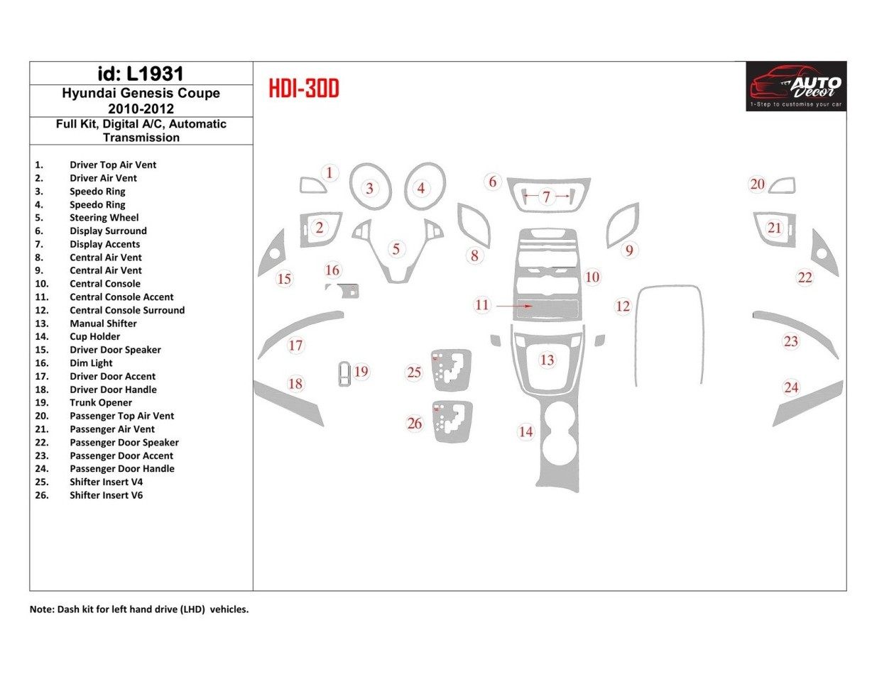 Hyundai Genesis Coupe 2010-2012 Full Set, Automatic Gearbox , Manual Gearbox AC Cruscotto BD Rivestimenti interni